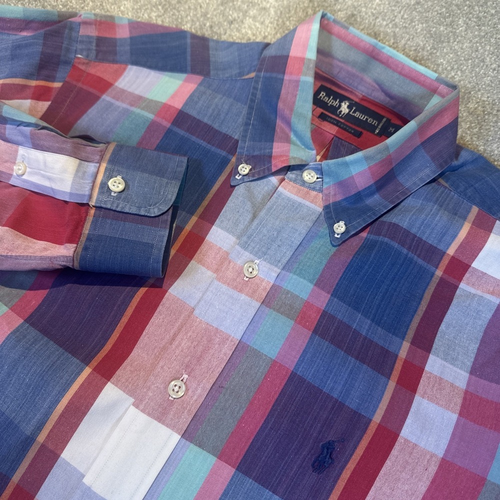 VTG Ralph Lauren Shirt Men's M Red Plaid Cotton Long Sleeve Button Down‎